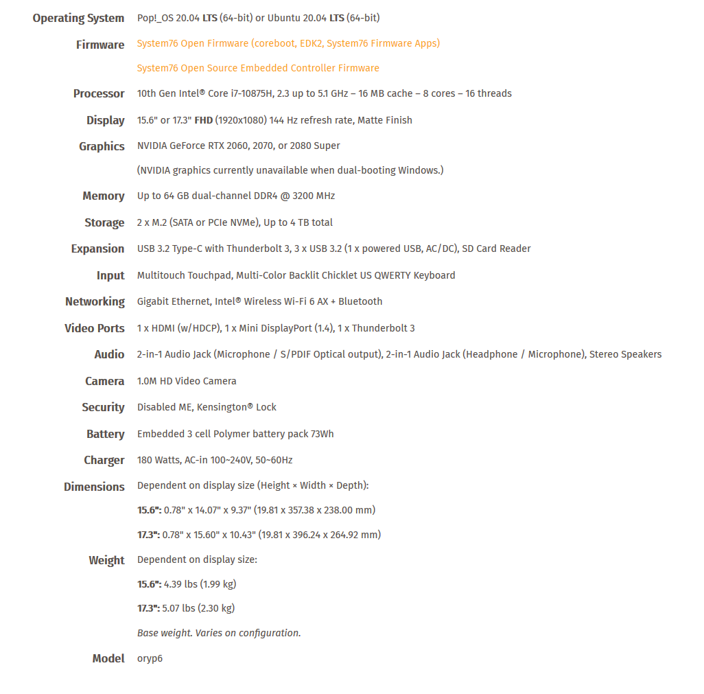 Specifiche tecniche System76 Oryx Pro
