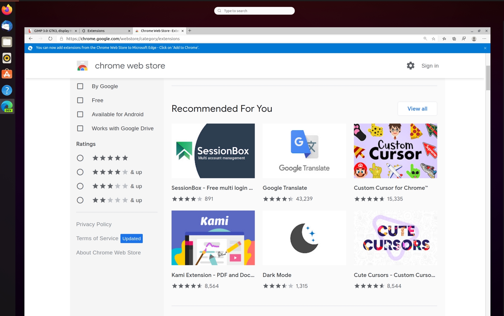 chrome edge estensioni ubuntu