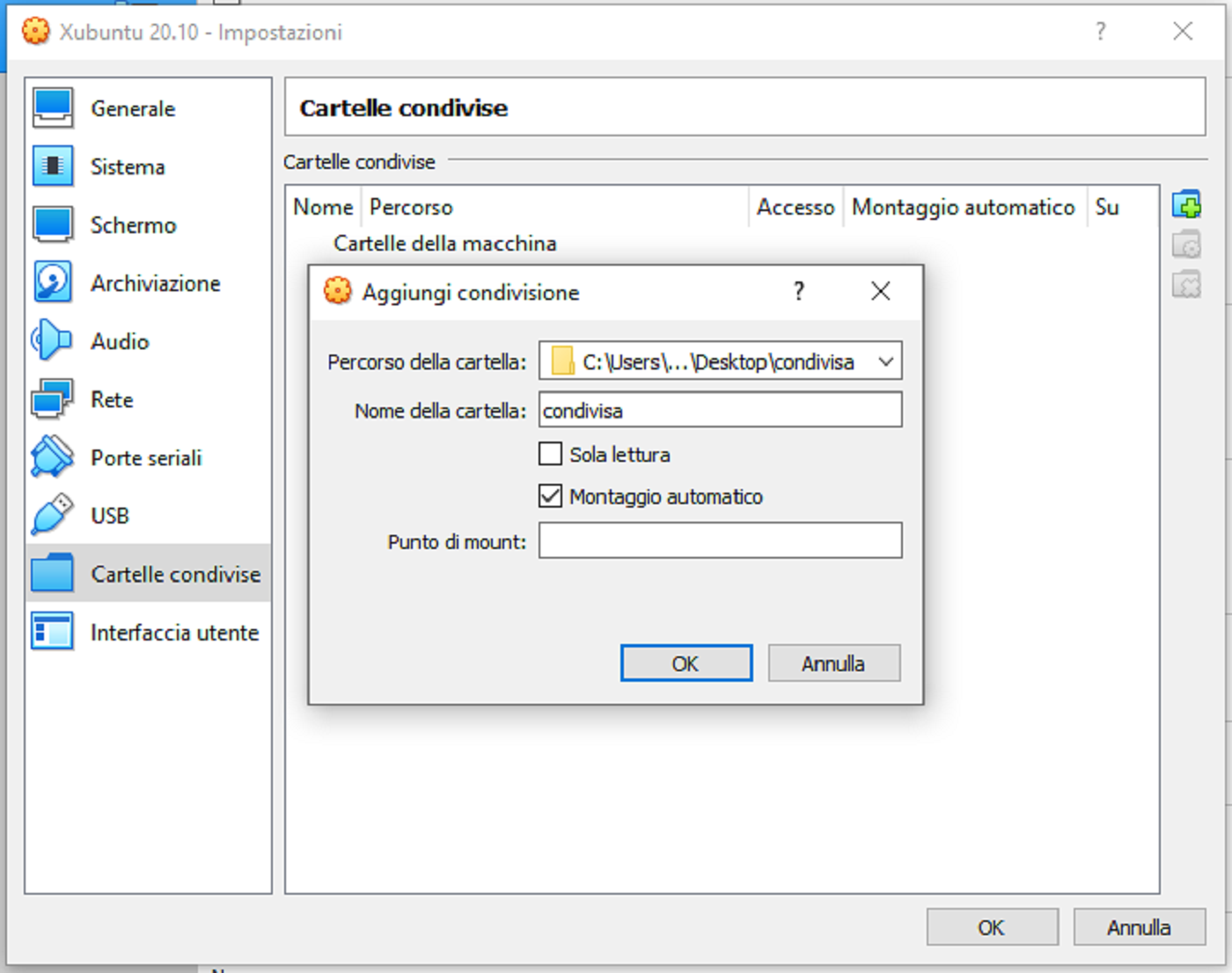 virtualbox cartella condivisa