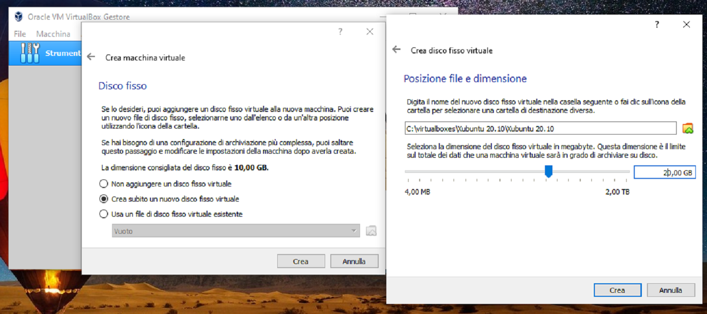 virtualbox disco fisso virtuale allocato dinamicamente