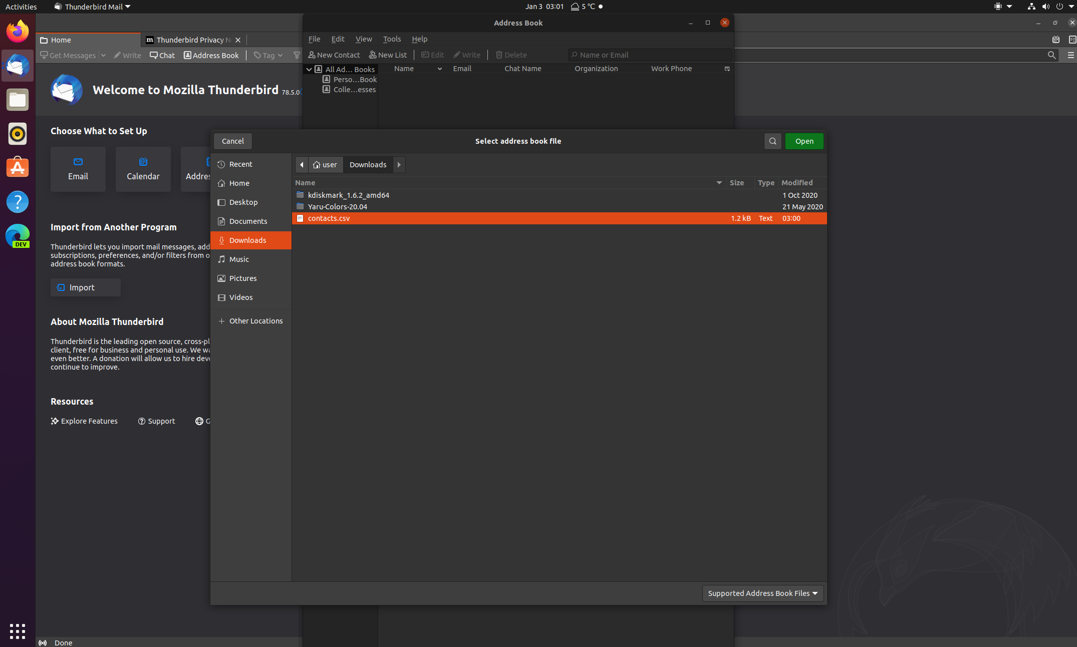 mozilla thunderbird import