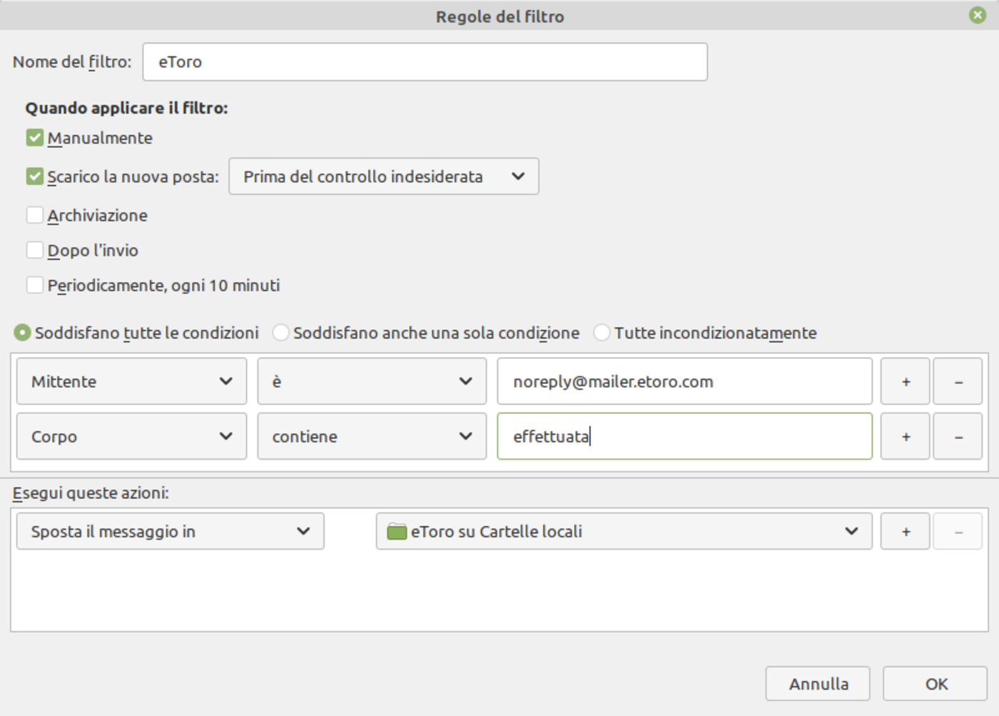mozilla thunderbird filtro