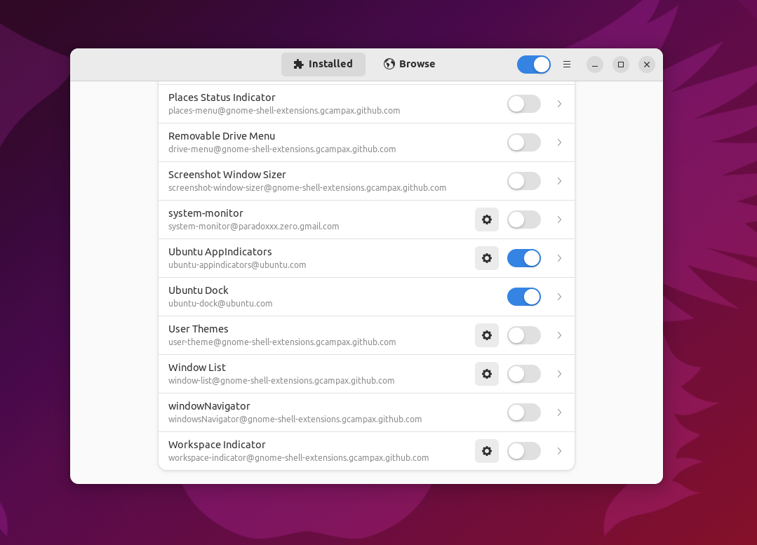 extension manager app installate